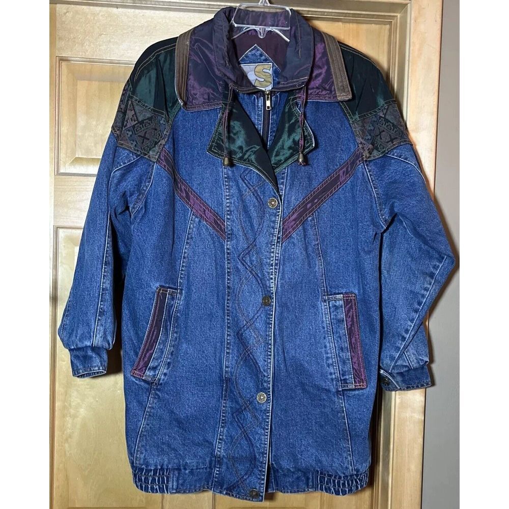 Vintage 90s color‎ block tapestry oversized jean denim jacket M
